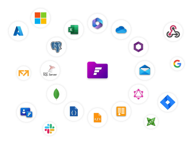 Picture showing logos of some of the services FiraDocs can integrate with in bubbles around FiraDocs logo at the center.