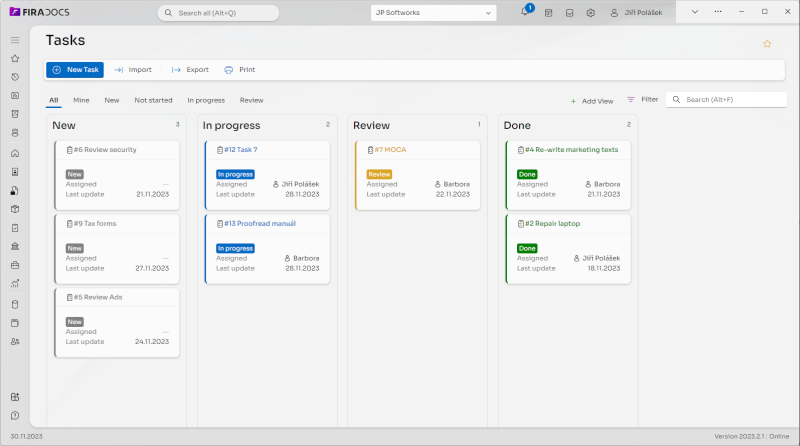 FiraDocs screenshot of taskboard view